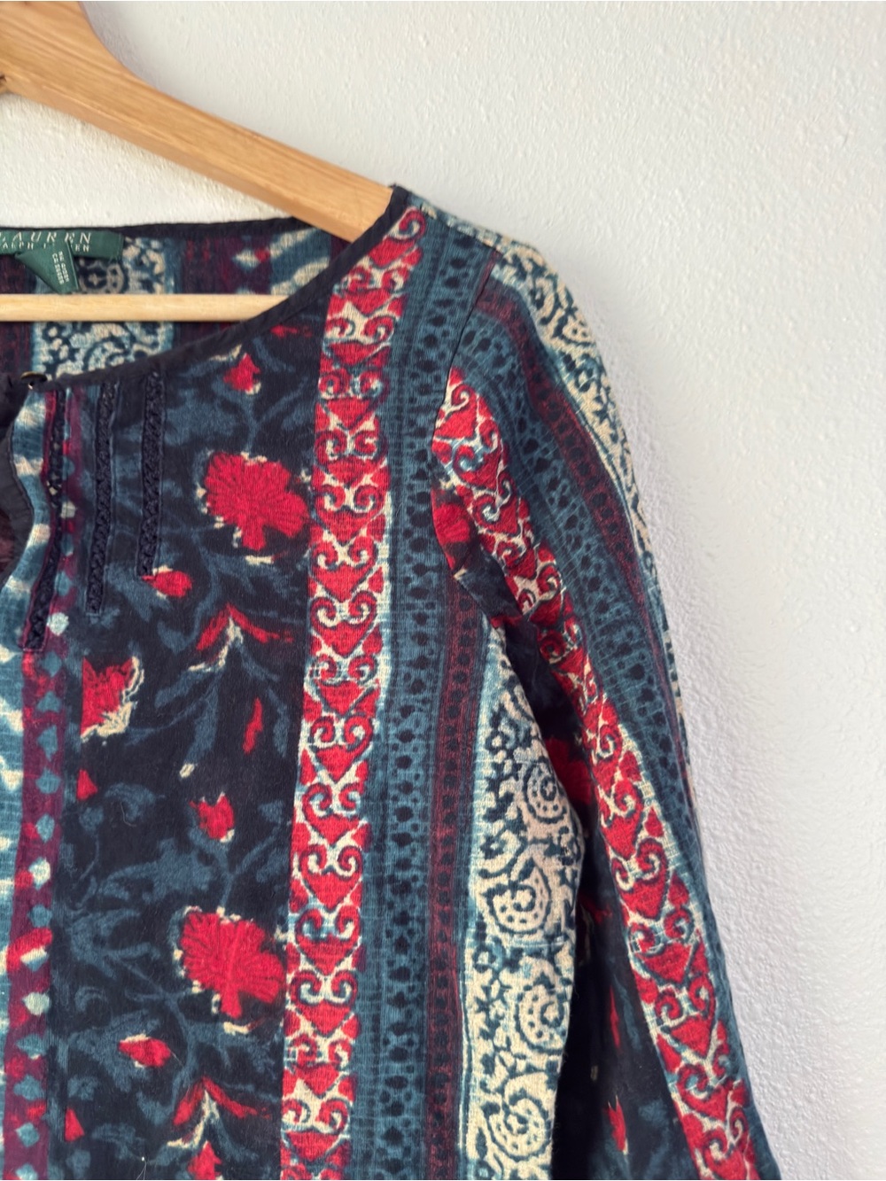ralph lauren Size M Multi Colored 3/4 Gathered Hem Sleeve Cotton Shirt Boho - Picture 3 of 10